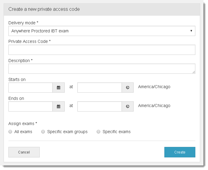 Create new private access code screen.